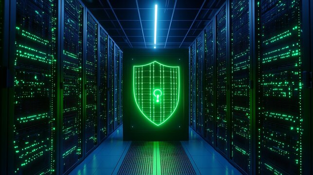 Futuristic Data Center Visualization with Green Shield and Security Icon Representing Cybersecurity Concept