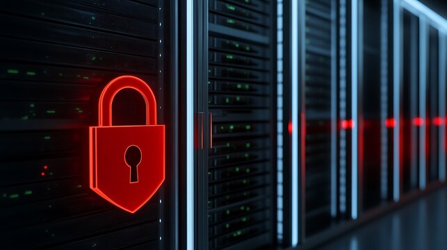 Futuristic Data Center with Neon Lock Icon Illustrating Cybersecurity and Data Protection Concepts