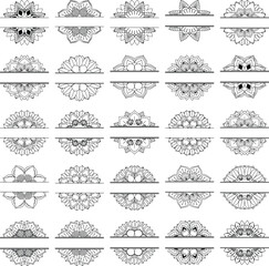 Non Generative AI Images. Set of 25 Split Mandala Vector, decorative, symmetrical, perfect for monograms, logos, engravings, stickers, printing, and digital art.