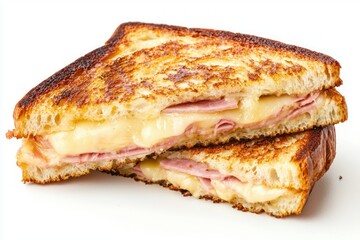Delicious grilled cheese and ham sandwich stacked on top of each other in bright white background
