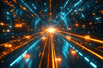 Fototapeta premium Abstract digital tunnel with glowing orange and teal light streaks, representing high-speed data flow.