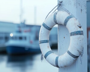 A weathered white-and-blue lifebuoy hanging on a post, with a blurred fishing boat in the harbor background.