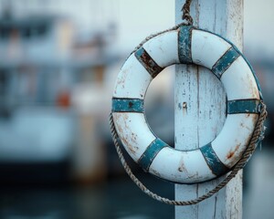 A weathered white-and-blue lifebuoy hanging on a post, with a blurred fishing boat in the harbor background.
