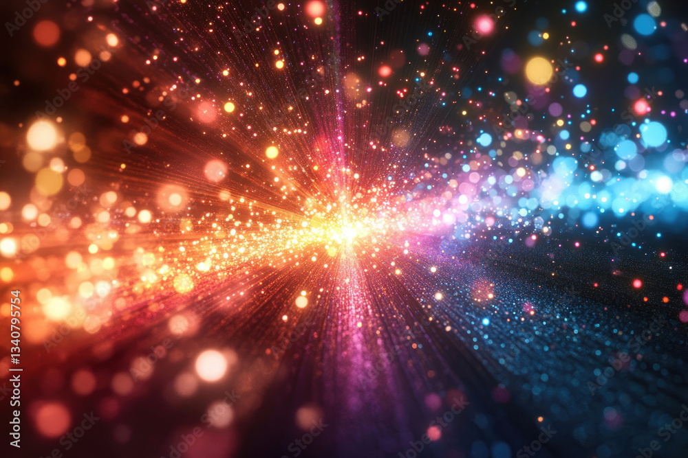Poster vibrant explosion of colorful sparkles and lights, creating a dazzling, festive atmosphere.