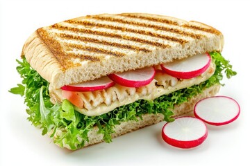 Delightful grilled panini with fresh lettuce radish and chicken on white smooth background healthy eating