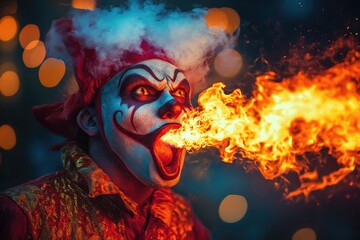 Obraz premium Fire Eater. Circus Clown Street Performer Shows Dangerous Fire Breathing Act