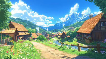 Anime countryside village, peaceful scenery.