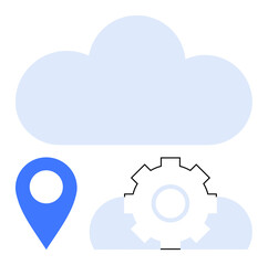 Cloud icon with blue location pin and gear wheel highlights data access, storage, navigation, digital infrastructure, settings, automation, and system management. Ideal for technology, connectivity