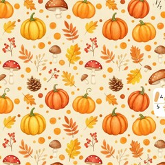 Seamless autumn pattern with pumpkins, mushrooms, and leaves celebrating fall harvest