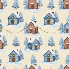 Christmas seamless pattern with snowy houses and string lights celebrating winter holidays