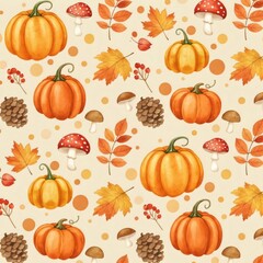 Pumpkins, mushrooms, and autumn leaves creating a festive fall seamless pattern