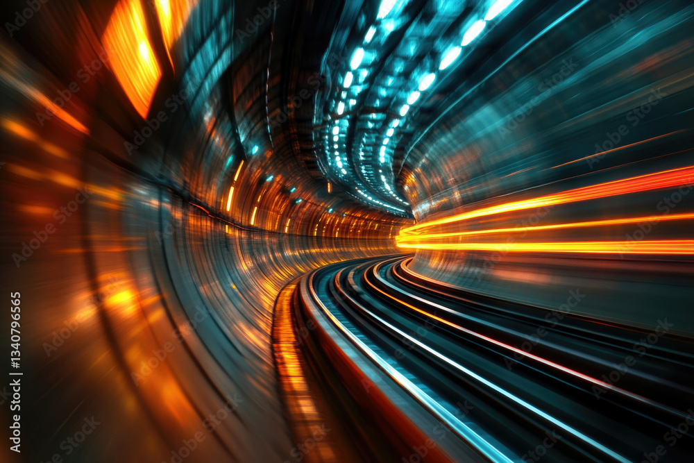 Aufkleber high-speed train speeding through a vibrant, illuminated tunnel, showcasing motion blur and dynamic 