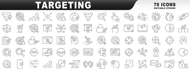 Big set of targeting related line icons. Editable stroke
