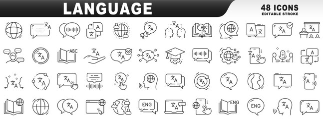 Big set of language related line icons. Editable stroke