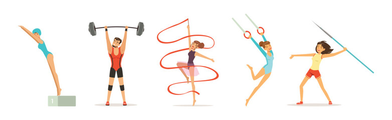 Man and Woman Athlete Engaged in Sport Competition Vector Set