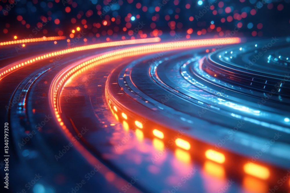 Poster abstract futuristic technology background with glowing orange and blue neon lights on a circular met