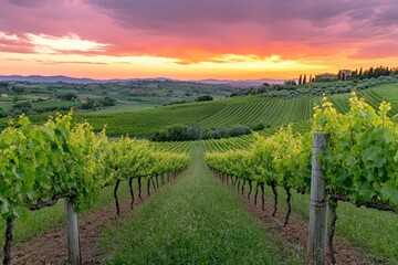 Naklejka premium Walking Through Vineyard Rows at Sunset with Dramatic Sky View