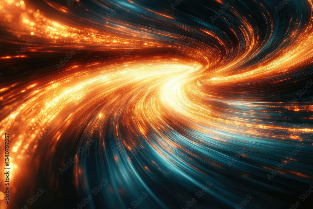 Poster a swirling vortex of vibrant orange and teal light streaks, creating a dynamic and energetic abstrac