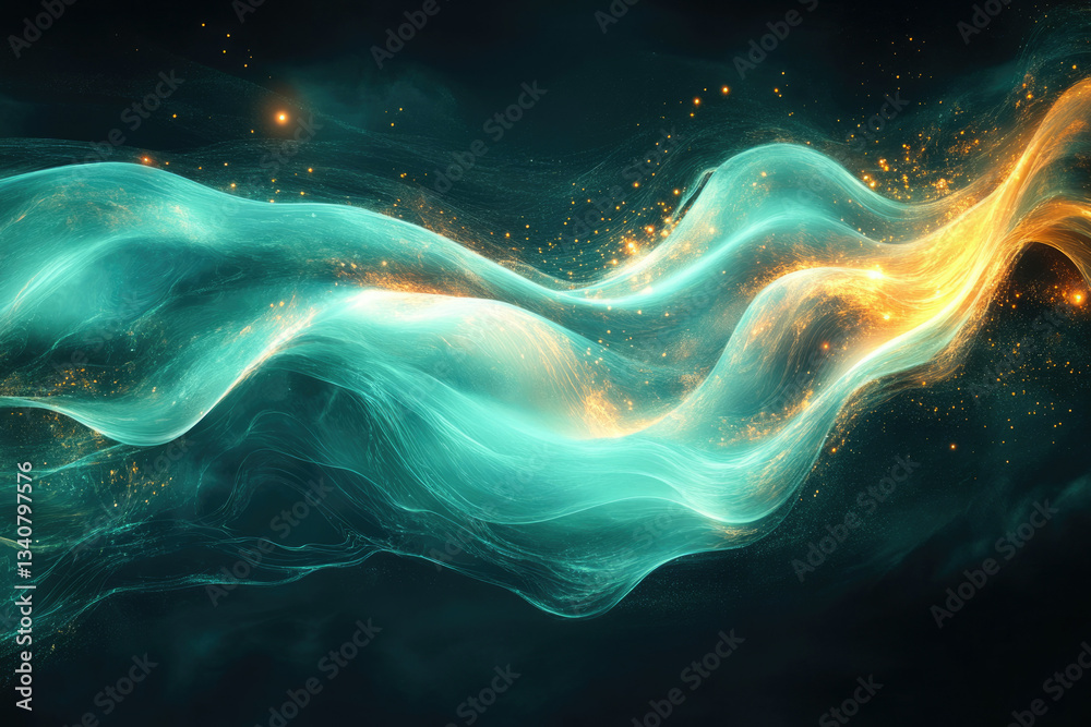 Poster abstract teal and gold glowing wave with sparkling particles, ethereal and dreamy.