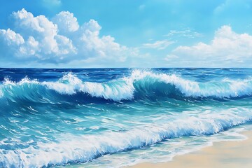 a picturesque beach with golden sand meeting gentle turquoise waves under a bright blue sky, showcasing a serene coastal landscape perfect for a tropical vacation or a peaceful getaway