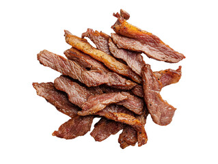 A pile of crispy beef jerky strips arranged in a visually appealing manner, Transparent Background.
