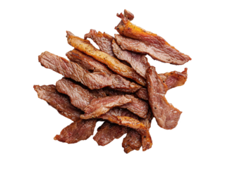A pile of crispy beef jerky strips arranged in a visually appealing manner, Transparent Background.