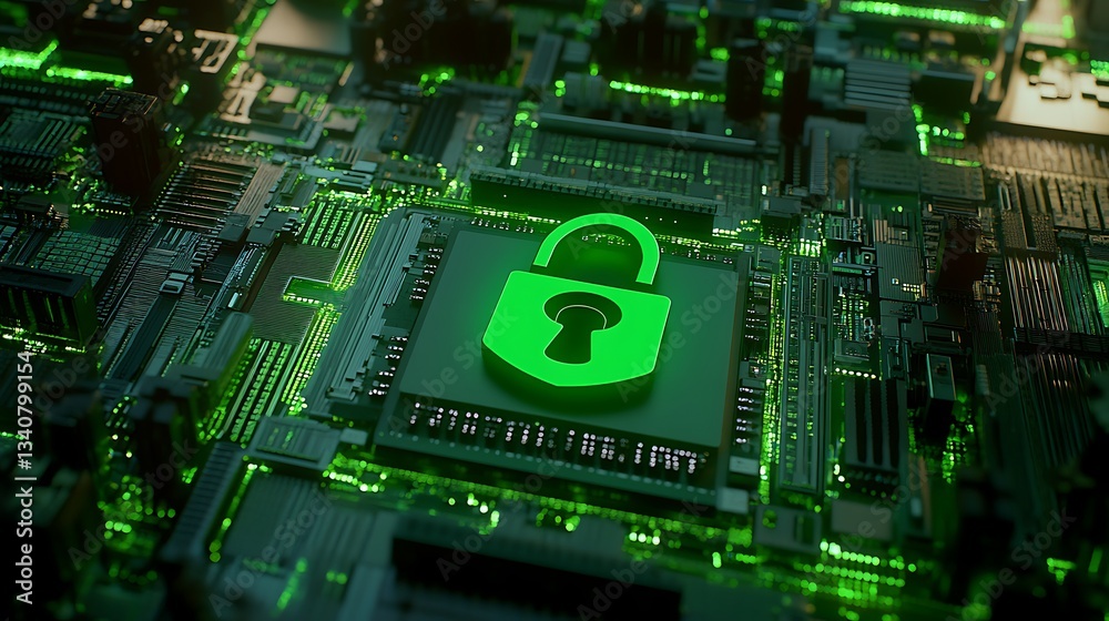 Wall mural green lock icon on circuit board representing data security and cyber safety in digital technology e