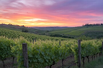 Naklejka premium Vineyard Landscape at Sunset with Rolling Hills and Colorful Sky