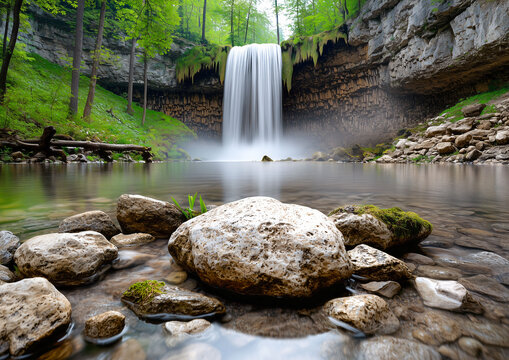 Serene Waterfall Landscape: Capture the natural beauty of a cascading waterfall as it gracefully plunges into a serene pool of water, surrounded by lush greenery and rugged rock formations.