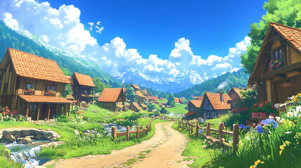 Anime countryside village, peaceful scenery.