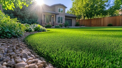 A healthy lawn with vibrant green grass after applying lawn care treatment, showing visible healthy growth in the sunlight