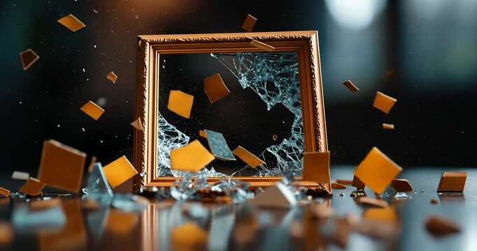 Broken frame with shattered glass and fragments. Wooden square picture frame on a reflective surface with scattered pieces. Dynamic and destruction visual theme
