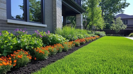 A row of freshly planted shrubs and flowers beside a perfectly mowed lawn with bright green grass.