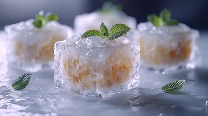 Frozen dessert cubes, mint garnish, on ice