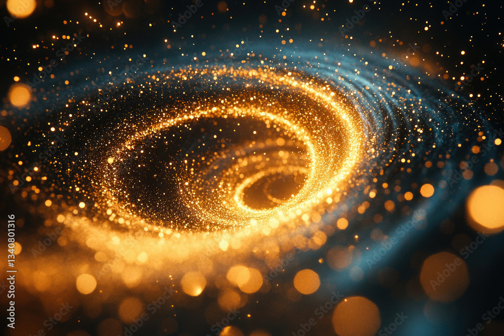 Poster Golden spiral of glittering particles swirling in dark space, creating a mesmerizing cosmic effect.