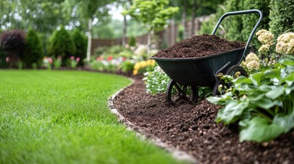 A wheelbarrow filled with mulch resting on a freshly mowed lawn with a row of shrubs and flowers in the background.