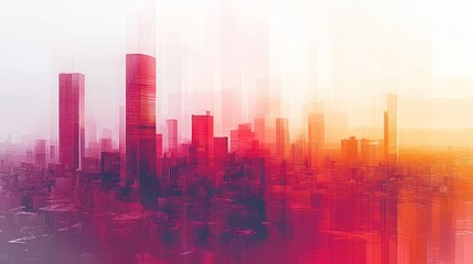 Abstract cityscape displays gradient hues of red pink and orange