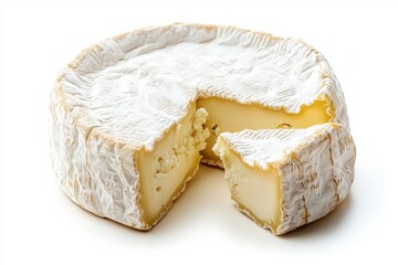 Soft Camembert Slice Appetizing Gourmet Breakfast Choice Creamy Indulgence Culinary Experience Rustic Cheese Delight Close Up Studio Shot on White Background