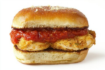 Delicious chicken parmesan sandwich featuring crispy fried chicken rich tomato sauce soft bun food photography
