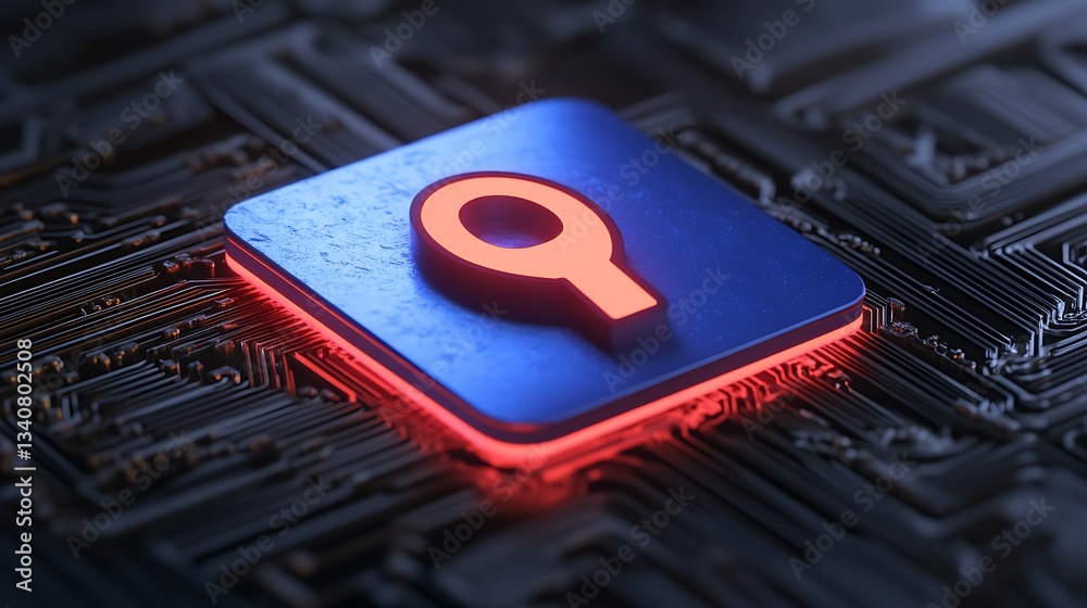 Wall mural modern search icon on circuit board background with glowing edges for technology and digital themes