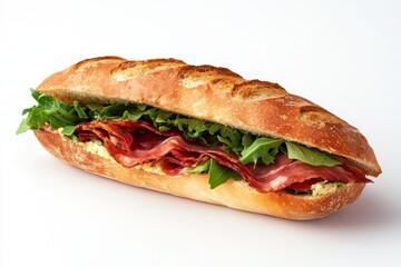 Delicious baguette sandwich with crispy bacon arugula and creamy spread against neutral background