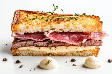 Gourmet toasted sandwich with steak prosciutto and creamy sauce on white serving plate close up studio shot