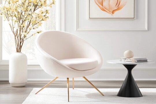 A crescent-shaped retro accent chair in soft pink fabric, with gold legs and a sleek coffee table nearby