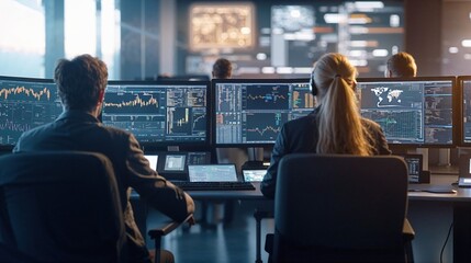 A group of professionals works diligently in a high-tech office environment, analyzing data and financial graphs on multiple screens. The futuristic