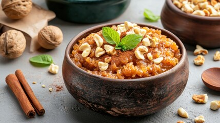 Autumnal Sweet Rice Dessert in a Rustic Bowl Garnished with Nuts and Mint Leaves Rustic Style Photo