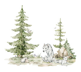 Watercolor composition with forest animals and natural elements. Wolf, hedgehog, evergreen trees. Woodland fairy creatures in the wild. Illustration for nursery, wallpaper