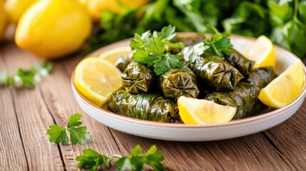 Delicious Stuffed Grape Leaves with Fresh Lemon and Parsley on Rustic Wood Table Culinary Close Up