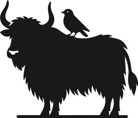 Yak standing with a bird perched on its back animal vector silhouette