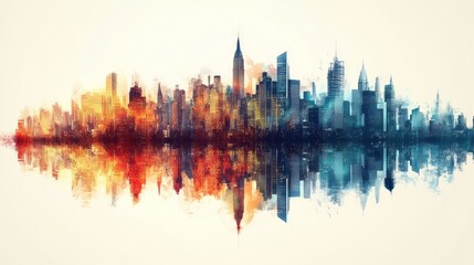 Fototapeta premium Watercolor rendering of a city skyline reflected in water
