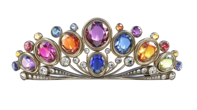 A stunning vintage tiara featuring an arrangement of vibrant gemstone colors that gleam brilliantly in an intricate design. This beautiful accessory showcases timeless elegance and craftsmanship